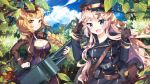  2girls absurdres aqua_eyes armor_blitz belt blonde_hair blue_jacket braid breasts brown_jacket caterpillar_tracks cleavage cloud cloudy_sky eyebrows_visible_through_hair fang fingerless_gloves forest freckles french_braid gloves hair_between_eyes hat highres holding holding_weapon jacket long_hair long_sleeves looking_at_viewer mecha_musume medium_breasts multiple_girls nature open_mouth outdoors peaked_cap single_braid sky smile squchan v-shaped_eyebrows weapon yellow_eyes 