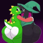  2019 absurd_res anthro big_butt black_fur blush bovid bub_(bubble_bobble) bubble_bobble bubble_dragon butt caprine clothed clothing deltarune digital_media_(artwork) dinosaur dragon duo eyewear fur girly glasses goat green_body hat headgear headwear hi_res horn huge_butt looking_back male mammal nude ralsei reptile scalie scarf simple_background smile sssonic2 taito teeth thick_thighs video_games voluptuous wide_hips wizard_hat 