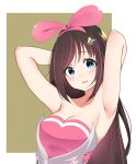  1girl a.i._channel absurdres alternate_costume armpits arms_behind_back arms_up ayuko_(mochiayuko) azur_lane black_hair blue_eyes blush breasts cleavage closed_mouth collarbone commentary_request hair_ornament hairclip headband highres kizuna_ai long_hair looking_at_viewer medium_breasts simple_background sleeveless solo virtual_youtuber 