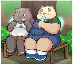  2019 anthro black_fur blush bottomwear clothing cub domestic_cat duo eyes_closed felid feline felis food fur hi_res kusosensei male mammal outside overalls overweight overweight_male pink_nose popsicle shirt shorts sitting topwear ursid young 