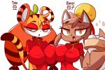  2019 absurd_res anthro baozi_(diives) biped breast_squish breasts brown_fur canid clothing dou_(diives) duo felid female fur hi_res hip_tuft light_fur lucyfercomic mammal multicolored_fur orange_fur pale_fur pantherine simple_background squish stripes tiger two_tone_fur white_background white_fur yellow_eyes 
