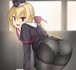  arihara_nanami ass black_dress black_legwear blonde_hair brown_eyes dress dress_lift from_behind hat highres leaning_forward long_hair looking_back open_mouth panties panties_under_pantyhose pantyhose presenting ribbon riddle_joker short_dress thighband_pantyhose twintails underwear white_panties yuzf yuzu-soft 