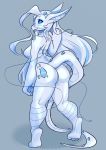  2017 anthro black_sclera blue_eyes breasts butt corelle-vairel dragon female hair hi_res horn long_hair simple_background solo thick_thighs white_skin 