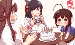  3girls ahoge alternate_costume artist_logo birthday birthday_cake black_hair blowing blush bow braid brown_hair cake camera candle clapping commentary_request dated double_bun food hair_bow hair_ornament hairband highres holding holding_camera kanon_(kurogane_knights) kantai_collection kongou_(kantai_collection) long_hair long_sleeves multiple_girls open_mouth plate red_bow red_eyes ribbed_sweater shigure_(kantai_collection) short_sleeves signature single_braid smile sweater table white_sweater yamashiro_(kantai_collection) younger 