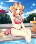  absurdres ahoge animal_ears artist_name bell blonde_hair blue_sky blush breasts commentary commission cup drink drinking_glass eyebrows_visible_through_hair hair_bell hair_ornament highres juice large_breasts looking_at_viewer navel orange_juice original pink_eyes short_hair sitting sky smile tail takai_seika two_side_up water 