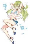  1girl armpits arms_up bangs bare_legs bikini blue_bikini blue_footwear blue_ribbon blue_skirt blush breasts commentary_request eyebrows_visible_through_hair frog_hair_ornament full_body green_eyes green_hair hair_between_eyes hair_ornament hair_tubes hands_in_hair kochiya_sanae long_hair looking_at_viewer medium_breasts microskirt navel open_mouth paragasu_(parags112) ribbon see-through shirt shoes short_sleeves simple_background single_sidelock skirt solo stomach striped striped_bikini swimsuit thighs touhou white_background 