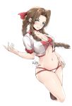  1girl aerith_gainsborough aqua_eyes artist_name bikini bow braid breasts brown_hair cleavage cropped_jacket final_fantasy final_fantasy_vii hair_bow looking_at_viewer medium_breasts navel open_clothes red_bikini red_bow relaxjon short_sleeves signature simple_background smile solo swimsuit white_background 