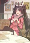  1girl absurdres bangs black_hair black_legwear black_ribbon candy casual coach coat couch envelope eyebrows_visible_through_hair fate/grand_order fate_(series) fence food fur-trimmed_coat fur_trim hair_ribbon heidegg highres holding holding_envelope ishtar_(fate/grand_order) lollipop long_hair long_sleeves looking_at_viewer mouth_hold painting_(object) parted_bangs pink_coat pink_eyes ribbon sitting solo string table thighhighs tiara two_side_up very_long_hair 