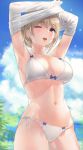  1girl ;o armpits arms_up bare_shoulders bikini blonde_hair blue_bow blue_sky blurry blush bow breasts brown_hair cleavage cloud cloudy_sky collarbone cowboy_shot d; day depth_of_field earrings hair_bun highres jewelry kfr large_breasts navel one_eye_closed open_mouth original outdoors palm_tree plant purple_eyes see-through shirt_lift short_hair side-tie_bikini sky solo standing stomach sunlight sweat swimsuit thighs tree undressing water water_drop wet wet_clothes white_bikini 
