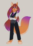  2018 4_toes anthro b._wolf barefoot black_bottomwear black_clothing black_pants blue_eyes blue_sclera bottomwear brown_hair brown_nose business_suit canid canine canis clothed clothing crossed_arms dipstick_tail eye_through_hair eyebrow_through_hair eyebrows eyelashes female flat_colors fur hair hair_highlights hi_res long_hair mammal multicolored_tail necktie nivarra pants purple_highlights simple_background smile smirk solo standing suit tan_fur toes translucent translucent_hair vest watermark wolf 