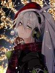  2girls aek-999_(girls_frontline) ahoge bangs blonde_hair blush brown_eyes brown_hair chibi deathalice eyebrows_visible_through_hair female_commander_(girls_frontline) girls_frontline hair_between_eyes hat head_tilt headphones light long_hair looking_at_viewer multiple_girls red_scarf santa_hat scarf sidelocks silver_hair smile standing 