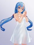  1girl bare_arms blue_eyes blue_hair collarbone cowboy_shot dress floating_hair grey_background hair_between_eyes hatsune_miku highres long_hair osanzi solo steepled_fingers twintails very_long_hair vocaloid white_dress 