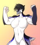  2019 3_fingers anthro avian biceps bird black_feathers bluhcat breasts feathers featureless_breasts featureless_crotch female flexing gradient_background half-closed_eyes hi_res muscular muscular_female navel nude red_eyes simple_background solo watermark white_feathers 