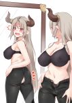  1girl aliza_(granblue_fantasy) ass black_bra black_panties black_pants blush bra breasts collarbone embarrassed eyebrows_visible_through_hair ganari_ryuu granblue_fantasy hand_on_hip highres horns large_breasts long_hair looking_at_mirror mirror navel no_shirt open_fly panties pants pointy_ears red_eyes reflection silver_hair solo standing straight_hair sweatdrop torn_clothes torn_pants twisted_torso underwear 