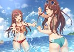  1boy 2girls ;d aqua_bikini_bottom ass bare_arms bare_shoulders bikini_bottom blue_sky blush breasts brown_eyes brown_hair cleavage closed_eyes cloud cloudy_sky day eyewear_on_head glint heart heart-shaped_eyewear highres horizon idolmaster idolmaster_shiny_colors innertube kurisu-kun lens_flare long_hair medium_breasts multiple_girls navel ocean one_eye_closed oosaki_amana oosaki_tenka open_mouth outdoors p-head_producer red_bikini_bottom shoulder_blades sidelocks sky smile standing star-shaped_eyewear stomach sunglasses sunlight wading water 