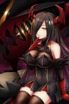  1girl azur_lane bangs bare_shoulders black_hair black_legwear breasts cannon chysk_hm cleavage finger_to_mouth friedrich_der_grosse_(azur_lane) glint gloves hair_ornament hair_over_one_eye highres horns large_breasts long_hair looking_at_viewer machinery red_gloves red_horns rigging sitting smile solo thighhighs very_long_hair yellow_eyes 