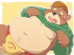  2019 anthro belly blush brown_fur bulge clothed clothing fur hat headgear headwear humanoid_hands kota&acute; male mammal moobs navel open_shirt overweight overweight_male shirt solo topwear underwear ursid 