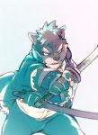  anthro blue_eyes brown_fur canid canine canis clothed clothing domestic_dog fur heylaw21 hi_res katana male mammal melee_weapon moritaka multicolored_fur scar solo sword tokyo_afterschool_summoners topwear two_tone_fur video_games weapon white_fur 
