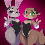  2019 :3 anthro blush bow breasts brown_fur bunny_costume choker costume disney female fur gesture grey_fur hi_res judy_hopps lagomorph leporid looking_at_viewer lutrine mammal mrs._otterton multicolored_fur mustelid nipple_slip nipples rabbit short_stack sssonic2 sweat sweatdrop thick_tail thick_thighs two_tone_fur v_sign wide_hips zootopia 