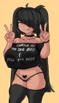  1girl :q ahoge bare_shoulders black_choker black_hair black_legwear bracelet breasts choker cleavage clothes_writing collarbone crop_top crop_top_overhang curvy double_v eyebrows_visible_through_hair fuck-me_shirt hair_over_one_eye heart highres huge_breasts jewelry long_hair meme_attire micro_panties nail_polish no_pants original panties pink_nails shaped_pubic_hair solo thick_thighs thighhighs thighs tongue tongue_out twintails underwear v yellow_background yellow_eyes zana 