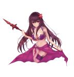  1girl absurdres alternate_costume bare_shoulders bikini bracelet breasts cleavage collarbone fate/grand_order fate_(series) flower gae_bolg hair_flower hair_intakes hair_ornament hibiscus highres holding holding_weapon jewelry kkieut kunai large_breasts leg_garter legs_together lifted_by_self navel pink_bikini purple_bikini purple_hair purple_sarong red_eyes sarong sarong_lift scathach_(fate)_(all) scathach_(swimsuit_assassin)_(fate) simple_background smile solo swimsuit weapon white_background 