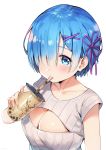  1girl ayamy bangs bare_shoulders blue_eyes blue_hair blush breasts bubble_tea cleavage cleavage_cutout collarbone commentary_request cup disposable_cup drinking drinking_straw grey_shirt hair_ornament hair_over_one_eye highres holding holding_cup large_breasts looking_at_viewer milk_tea re:zero_kara_hajimeru_isekai_seikatsu rem_(re:zero) ribbed_shirt shirt short_hair short_sleeves sidelocks simple_background solo upper_body white_background x_hair_ornament 