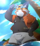  2019 ailurid anthro belly bottomwear chaseskyver clothed clothing detailed_background english_text humanoid_hands male mammal moobs navel nipples open_shirt outside overweight overweight_male red_eyes red_panda shirt shorts skyverchase solo text topwear water 