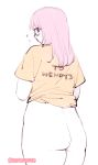  1girl ass blush bottomless breakfastb clothes_writing commentary english_commentary flat_ass from_behind long_hair original pink_hair shirt solo t-shirt thick_thighs thighs 