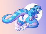  absurd_res anthro anus breasts butt feet female hair hi_res horn kneeling looking_back nipples open_mouth presenting presenting_hindquarters pussy scalie smile soles solo takiminada 