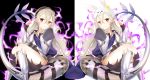  2girls animal_ears armor aura black_background black_hairband black_vs_white bunny_ears closed_mouth dark_aura dragon_tail dual_persona fake_animal_ears female_my_unit_(fire_emblem_if) fire_emblem fire_emblem_heroes fire_emblem_if hairband heart heart-shaped_pupils long_hair multiple_girls my_unit_(fire_emblem_if) parted_lips pointy_ears red_eyes rojiura-cat simple_background sitting smile symbol-shaped_pupils tail torn_clothes white_background white_hair 