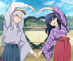 1boy 1girl artist_logo black_hair blush bow breasts brown_headwear building cloud cloudy_sky couple cowboy_shot day embarrassed eyebrows_visible_through_hair floral_print hair_between_eyes hair_bow hakama hat heart_arms heart_arms_duo hetero higurashi_kagome holding_hands inuyasha inuyasha_(character) japanese_clothes kimono long_hair long_sleeves looking_at_another medium_breasts motobi_(mtb_umk) one_eye_closed open_mouth orange_eyes outdoors pavement photo_background pose shirt silver_hair sky slit_pupils smile striped striped_kimono tree wide_sleeves 