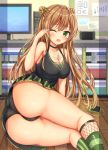  1girl ;o ahoge ass bangs bare_shoulders black_panties blurry blurry_background blush bow breasts brown_hair choker cleavage dog_tags double_bun dress eyebrows_visible_through_hair girls_frontline green_eyes green_legwear hair_between_eyes hair_bow highres horizontal_stripes indoors kneehighs long_hair looking_at_viewer medium_breasts mismatched_legwear on_floor one_eye_closed panties rfb_(girls_frontline) ryakusun short_dress smile solo striped underwear vertical_stripes 