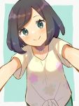  1girl aqua_background black_hair closed_mouth green_eyes mizuki_(pokemon) peppedayo_ne pokemon pokemon_(game) pokemon_sm shirt short_hair short_sleeves simple_background smile solo tied_shirt upper_body 