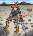  anthro armor canid canine canis clothed clothing dinski ethiopian_wolf flag hi_res knight male mammal melee_weapon penis solo sprrigs sword weapon wolf 