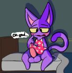  animal_crossing anthro balls bed blush bob_(animal_crossing) clothing dialogue domestic_cat dress erection felid feline felis girly hi_res male mammal nintendo on_bed penis precum rabblet solo text video_games 