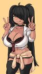  1girl :q ahoge black_bra black_choker black_hair bra breasts choker cleavage clothes_around_waist collarbone curvy dark_skin double_v eyebrows_visible_through_hair gyaru hair_over_one_eye highres huge_breasts long_hair looking_at_viewer loose_necktie nail_polish navel necktie original pink_nails red_neckwear short_shorts shorts solo sweater_around_waist thick_thighs thighs tongue tongue_out twintails underwear v yellow_background yellow_eyes zana 