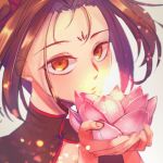  1girl brown_eyes brown_hair cleavage_cutout facial_mark fate/grand_order fate_(series) flower forehead_mark holding holding_flower lotus nezha_(fate/grand_order) scrunchie twintails 