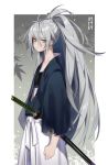  1girl aek-999_(girls_frontline) ahoge bangs border character_name deathalice earrings eyebrows_visible_through_hair girls_frontline grey_background hair_between_eyes highres japanese_clothes jewelry katana leaf_print long_hair looking_at_viewer ponytail sidelocks silver_hair simple_background solo standing strapless sword torn_clothes tubetop weapon wide_sleeves yellow_eyes 