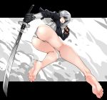  1girl ass asymmetrical_gloves back_cutout barefoot black_blindfold black_gloves black_leotard blindfold breasts brown_gloves commentary covered_eyes eiji_(eiji) facing_down facing_viewer feather-trimmed_sleeves feet from_below gloves grey_leotard holding holding_sword holding_weapon juliet_sleeves legs leotard long_sleeves medium_breasts multicolored_leotard nier_(series) nier_automata parted_lips puffy_sleeves short_hair silver_hair soles solo sword toes vambraces virtuous_contract weapon yorha_no._2_type_b 