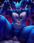  anthro bdsm bondage bound bulge clothed clothing digimon digimon_(species) duo exveemon featureless_crotch first_person_view horn looking_at_viewer male male/male male_pov muscular muscular_male nude nurinaki spread_legs spreading 