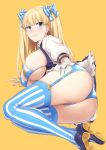  1girl akita_hika ass bangs blonde_girl_(michihasu) blonde_hair blue_bikini_top blue_eyes blue_legwear blue_panties blush bow breasts cleavage closed_mouth dress hair_bow high_heels highres large_breasts legs long_hair looking_at_viewer lying on_side original panties puffy_short_sleeves puffy_sleeves short_sleeves simple_background smile solo striped striped_legwear thighs two_side_up underwear yellow_background 