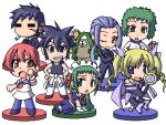  3boys 4girls =_= black_hair blonde_hair cape chibi cigarette figure_stage futaba_channel green_hair grin hands_on_hips long_hair looking_at_viewer lowres maid mouth_hold multiple_boys multiple_girls no_nose oekaki one_eye_closed original pointing pointing_at_viewer purple_eyes purple_hair red_eyes red_hair revision scar short_hair smile triangular_headpiece twintails zubishi! 