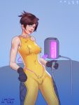  blizzard_entertainment bodysuit chemicals clothed clothing corruption digital_media_(artwork) female hi_res human lena_oxton machine mammal not_furry orionart overwatch rubber simple_background skinsuit suit tight_clothing tracer video_games 