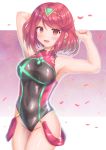  1girl artist_name bangs black_swimsuit breasts cocoasabure competition_swimsuit covered_navel cowboy_shot gradient gradient_background highres homura_(xenoblade_2) large_breasts looking_at_viewer one-piece_swimsuit petals red_eyes red_hair short_hair smile solo standing swept_bangs swimsuit tiara turtleneck xenoblade_(series) xenoblade_2 