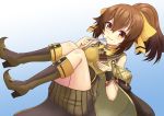  1girl artist_name blue_background blush boots bow bracelet breastplate breasts brown_eyes brown_footwear brown_hair cake cape crumbs dress dyute_(fire_emblem) eating eyebrows_visible_through_hair fang fire_emblem fire_emblem_echoes:_mou_hitori_no_eiyuuou food fork gradient gradient_background hair_between_eyes hair_bow high_heel_boots high_heels highres jewelry looking_at_viewer medium_breasts medium_hair plate ponytail short_dress signature simple_background sleeveless sleeveless_dress solo thighs will_(willanator93) wrist_cuffs 