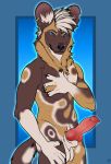  2019 5_fingers abs african_wild_dog anatomically_correct anatomically_correct_penis animal_genitalia animal_penis anthro balls biceps black_nose blue_eyes brown_fur canid canine canine_penis canis chest_tuft claws digital_media_(artwork) ear_piercing erection fur grey_fur hair hand_on_chest hi_res knot looking_at_viewer male mammal muscular muscular_male nude patrikthedog pecs penis piercing pink_penis pinup pose simple_background smile solo standing tan_fur tuft white_fur white_hair 