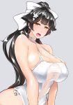  1girl azur_lane bangs black_hair blunt_bangs blush bow breasts choker cleavage collarbone covered_navel eyebrows_visible_through_hair flower grey_background hair_bow hair_flower hair_ornament half-closed_eyes high_ponytail highleg highleg_swimsuit highres large_breasts long_hair looking_at_viewer one-piece_swimsuit open_mouth ponytail simple_background solo swimsuit takao_(azur_lane) teeth ueda_torini upper_body white_swimsuit yellow_eyes 