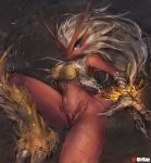  anthro blaziken blue_eyes breasts chest_tuft female fur girlsay hair hi_res looking_at_viewer navel nintendo nude pok&eacute;mon pok&eacute;mon_(species) pose red_fur scutes small_waist solo talons thick_thighs tuft video_games white_fur white_hair yellow_fur 