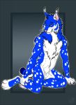  2019 5_fingers abs anatomically_correct animal_genitalia anthro balls biceps blue_eyes blue_fur blue_hair chest_tuft claws digital_media_(artwork) ear_tuft fangs felid feline fully_sheathed fur hair hi_res kneeling lynx male mammal markings muscular muscular_male nude patrikthedog pawpads paws pecs pink_nose pinup pose sheath simple_background smile solo spots spotted_fur teeth tuft whiskers white_fur 