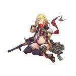  as_val_(girls_frontline) blonde_hair blue_eyes fangdan_runiu girls_frontline gloves midriff one_eye_closed open_mouth scarf sitting thighhighs torn_clothes weapon white_background 